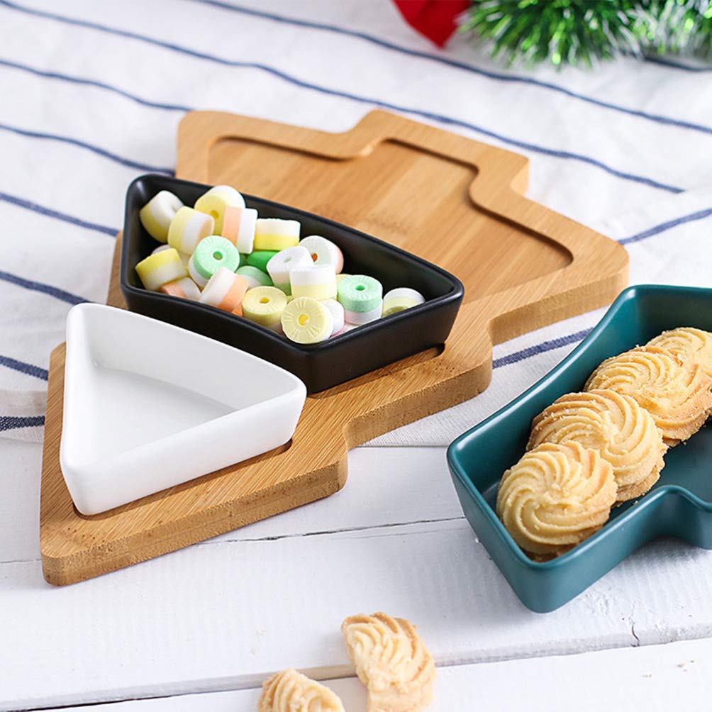 Piatto da portata in ceramica natalizia rimovibile for albero di Natale, snack, vassoio for antipasti, piatto da dessert, piatto in porcellana con base in bambù, for vacanze, matrimoni, feste in casa,