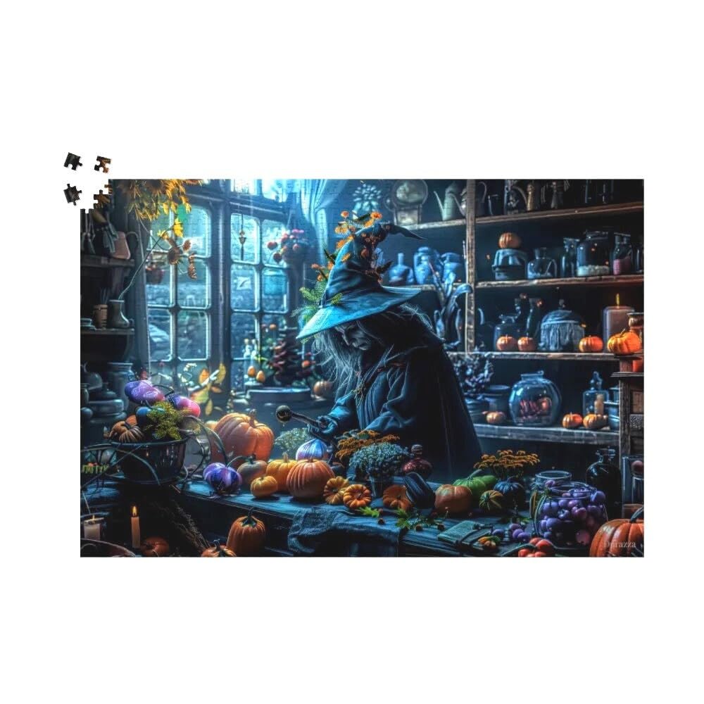 Enchanting Kitchen Witch 1000 Pieces Puzzle: Elder Witches Autumn Decor With Pumpkins, Herbs And Potions, Halloween Jigsaw Puzzle, Witchy Gifts — image 1