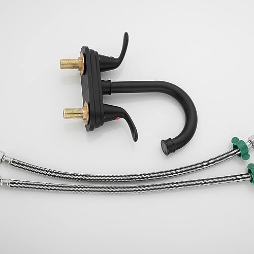 Miniatura 9 de GGStudy - Grifo de baño negro mate con 2 asas de 4 pulgadas, juego central negro para autocaravana, con montaje de drenaje y manguera de suministro,