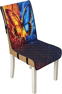Quilted Chair Cushions with Elastic Straps for Kitchen, Dining Room Vintage Fire Butterfly Print Dustproof Highback Chairs Seat Pads Replacement Decor, 1 Pcs