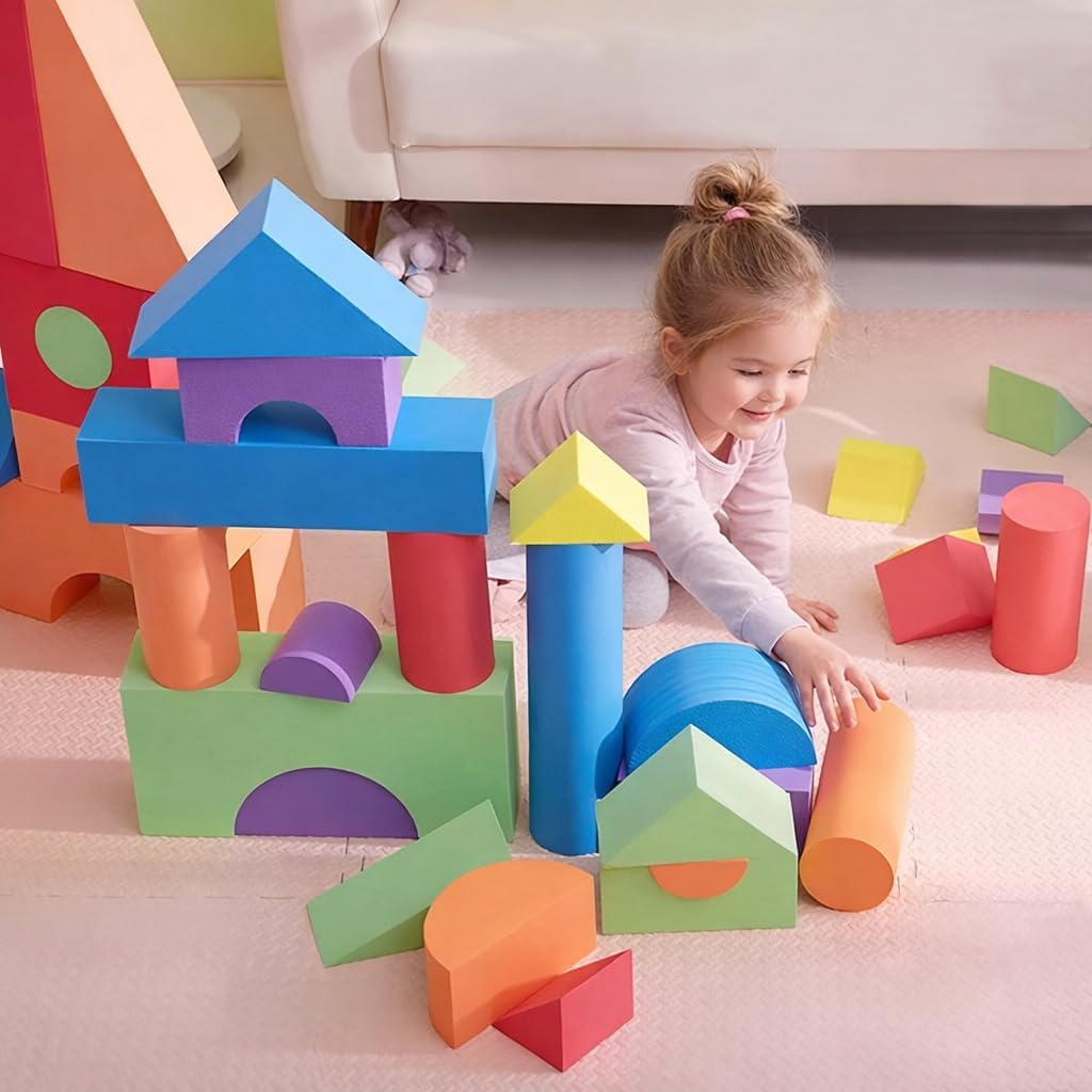 Set of 30 Foam Blocks for Toddlers - Tacking Soft Blocks for Kids - Shapes & Colors Learning for Kids - Construction Building Preschool Toys for Toddlers 3-5