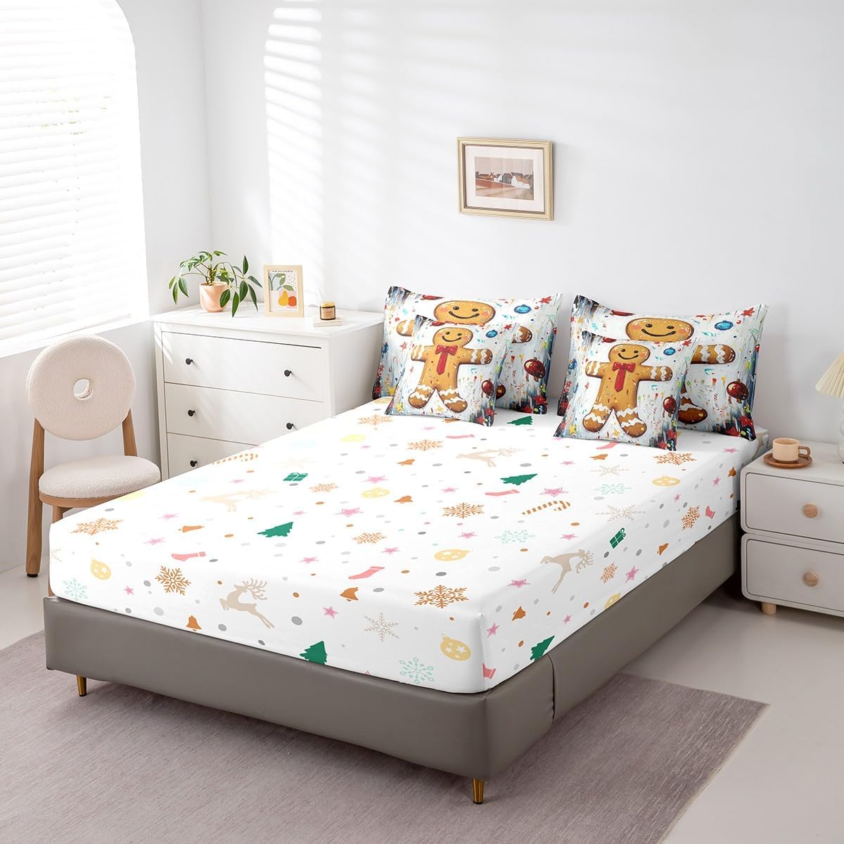 Merry Christmas Kids Comforter Set 7 Piece Twin Size,Watercolor Xmas Theme Art Graffiti Reversible Quilt Set,Cartoon Cute Gingerbread Man Cookie Print Bedding Set with Comforter,Sheet,Pillowcase