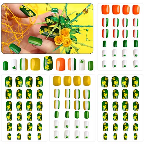 96 Pieces Saint Patrick's Day Nails Short Press on Full Cover Nails Green Medium Ballerina Nails Clover Green Fake Nails Solid Color Fake Nails for Women Girls DIY Nails Art