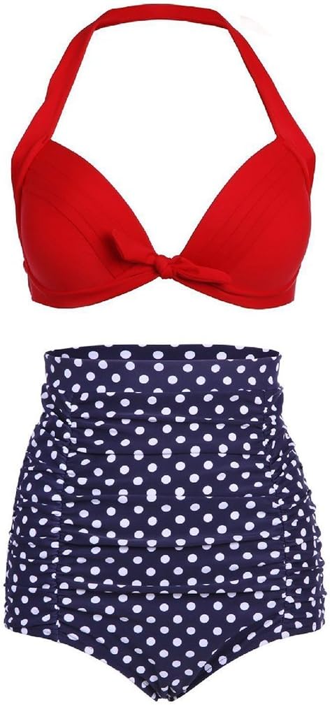 Zando Women's Retro 50s Vintage Halter High Waist Bikini Ruched Bathing Suits (A Red Top/White Dots&Blue,L)
