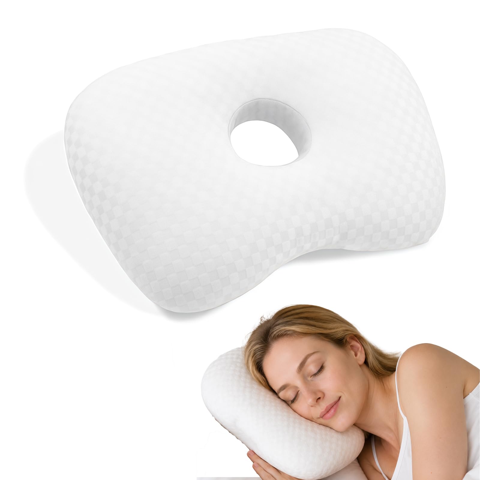 Qubitly White Ear Pillow with Hole for Side Sleepers, Polyester Piercing Pillow for Ear Pain, CNH and Bedsores Friction Relief, Breathable Cushion for Home and Travel, 1 Pc