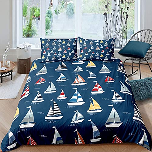 Sailboat Duvet Cover Nautical Theme Decor Bedding Set Cartoon Boat Pattern Boys Teen Girls Comforter Cover Set including Zipper Ties Soft Microfiber Bedding,1 Duvet Cover with 1 Pillow Case,Single Size