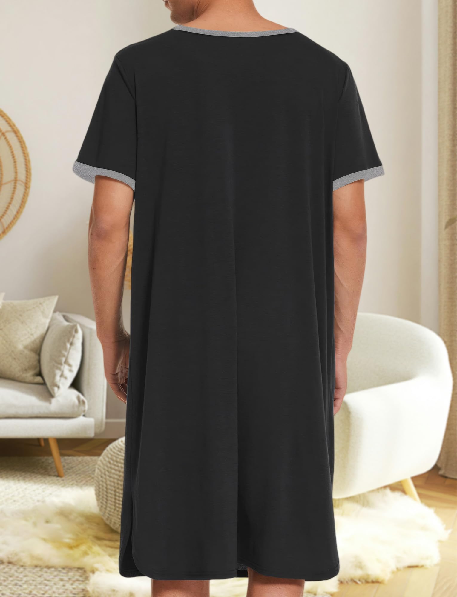 Maeau Chemise de nuit d'été à manches courtes pour homme, vêtement de nuit ample, doux, décontracté, chemise de nuit longue et légère