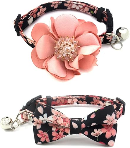 Collar de flores para perros pequeños, hembras y gatos, paquete de 2 lindos collares florales para cachorros con corbata de moño extraíble y dije de