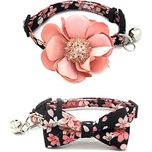 Flower Dog Cat Collar for Small Dogs Girl Cats- 2 Pack Cute Floral Female Puppy Collars with Removal Bowtie and Luxury Crystal Pistil Studded Flower Charm Pink Sakura, Size S