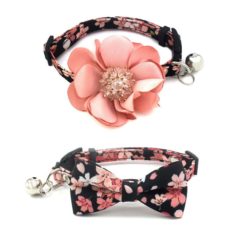 PETFAVORITES Flower Dog Cat Collar for Small Dogs Girl Cats- 2 Pack Cute Floral Female Puppy Collars with Removal Bowtie and Luxury Crystal Pistil