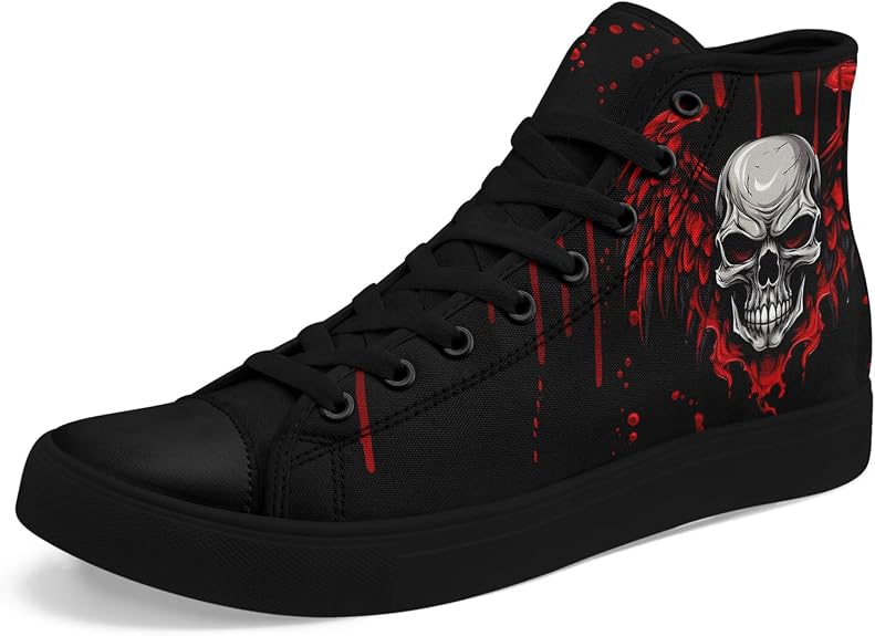 Mens Womens Gothic Skull Rose High Top Canvas Sneakers Punk Rock Floral Cool Lace-Up Casual Shoes Edgy Streetwear Aesthetic
