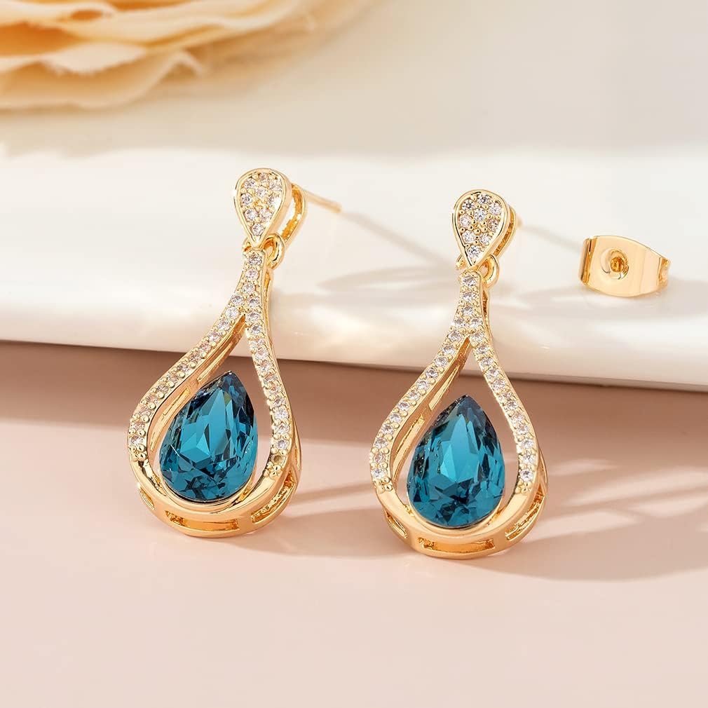 Austrian Crystal Halo Teardrop Hollow Drop Stud Earrings for Women 14K Rose Gold Plated Hypoallergenic Jewelry - Image 4