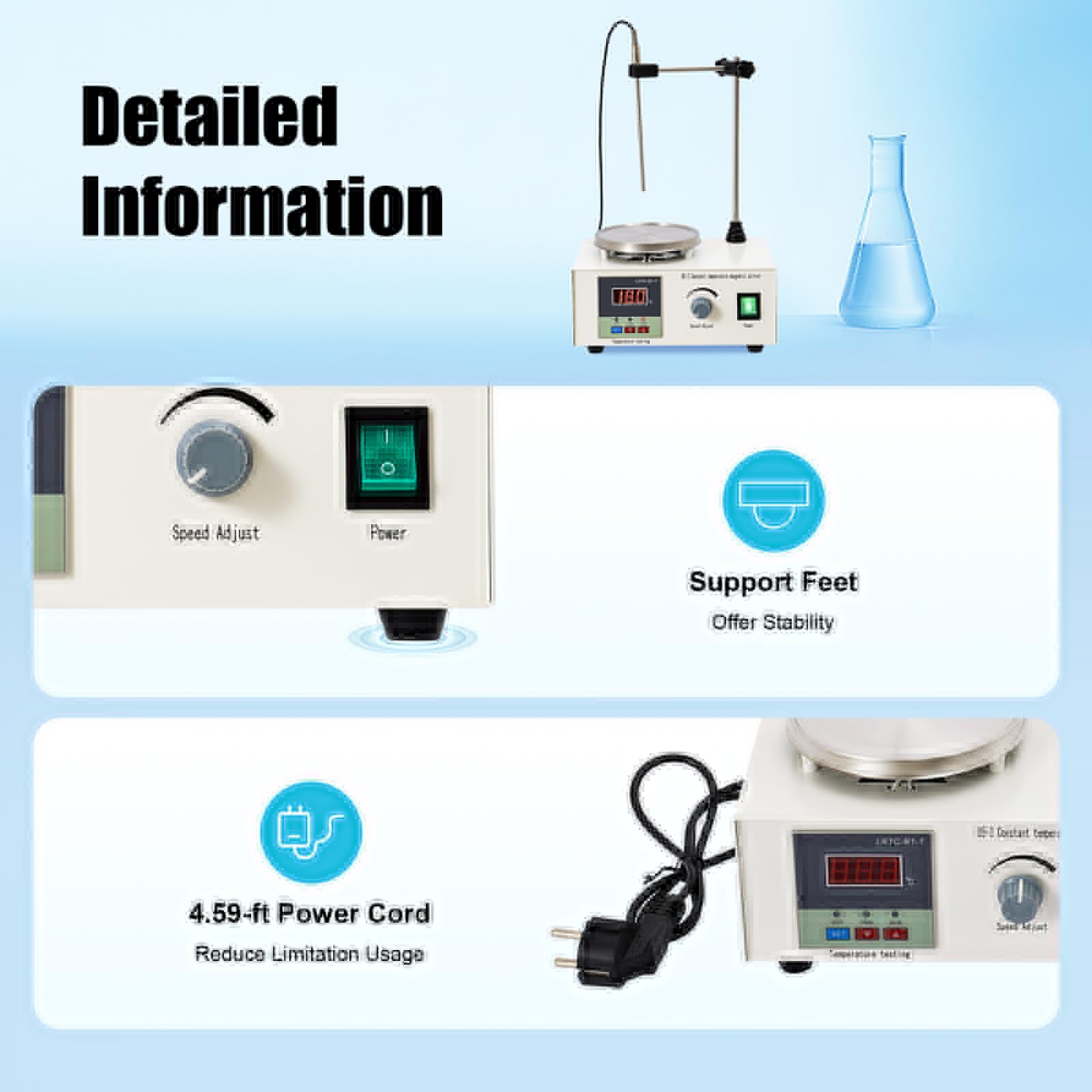 Agitador magnético calefactor, placa calefactora, laboratorio, control preciso, temperatura 0-99 °C, mezclador químico, 2 L, acero inoxidable, potente motor ideal química, biología, farmacia