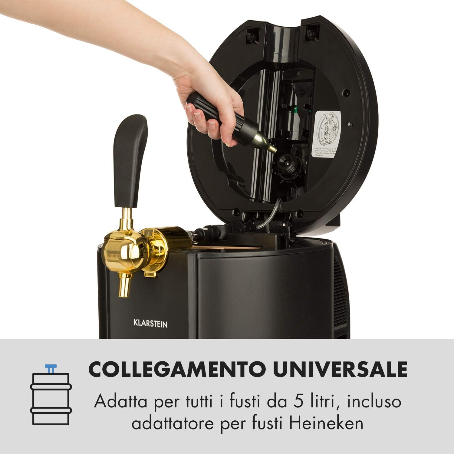Klarstein Skal - Spillatore Birra, Spillatrice, Spillatore Birra da Casa 5 Litri, 3 x Cartuccia a Pressione CO² e Adattatore, Display LED, Silenzioso, 2-12 °C, Vassoio Gocce, Acciaio Inox, Nero