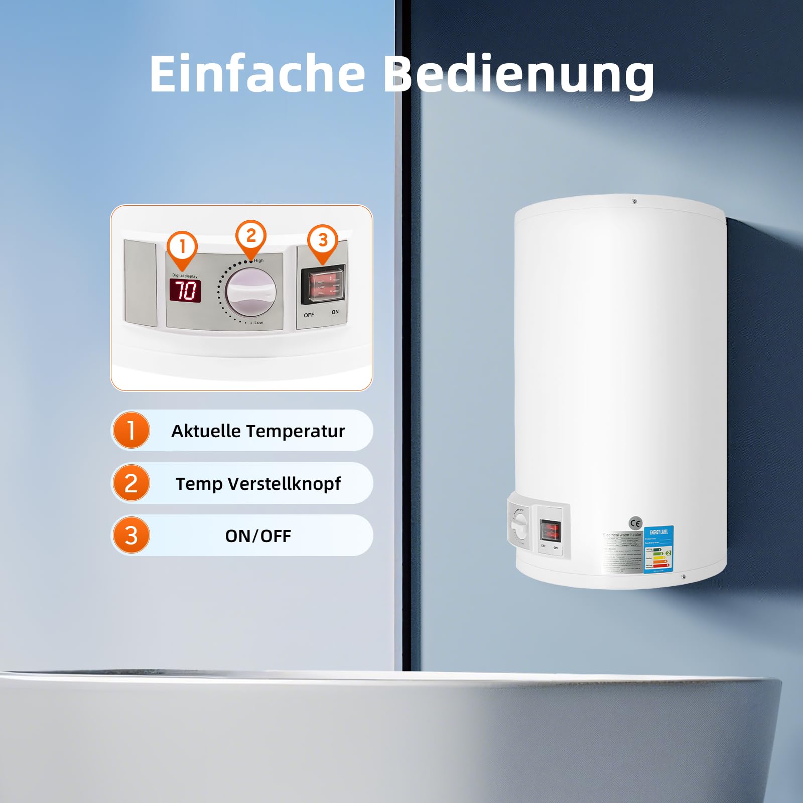 50 L, 220V Elektro Warmwasserspeicher, 2000W Wandbefestigung Horizontal Wasserboiler Dusche, IPX4, Heiztemperaturbereich 25-75℃, Elektrischer Edelstahl-Wasserhahn für Garten, Werkstatt, Camping & Co