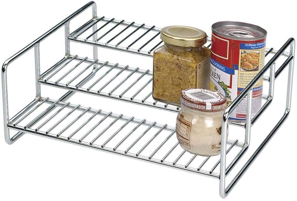 MD’S Home Stainless Steel 3 Tier Kitchen Cabinets Storage Racks Spice Jar Bottle Holder For Kitchen Cupboard Pantry Organizers (Small, 28 X 24 X 12 Cm, Step Shelf)