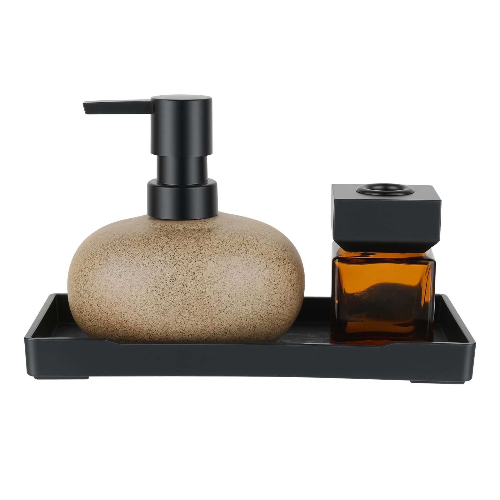 Soluimarex Bathroom Countertop Soap Dispensers Set, 300ml Ceramic Soap Dispenser with Amber Glass Bottle & Black Tray, Brown Ceramic Hand Soap