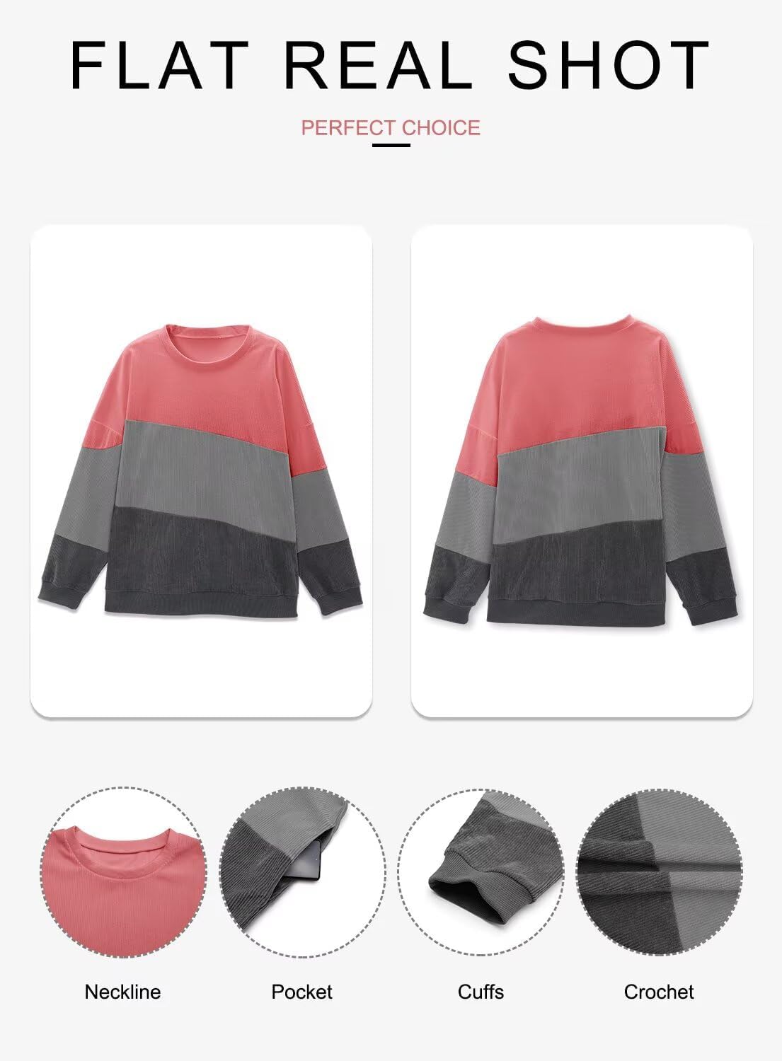 KISSMODA Womens Casual Long Sleeve Sweatshirts Color Block/Solid Tops Corduroy Crewneck Tunic Pullover with Pockets - Image 5