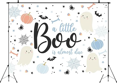 Miniatura 3 de Aperturee Telón de fondo de Halloween para baby shower de 6 x 4 pies, A Little Boo is Almost Due Calabaza azul, Calavera, telaraña, Murciélago,