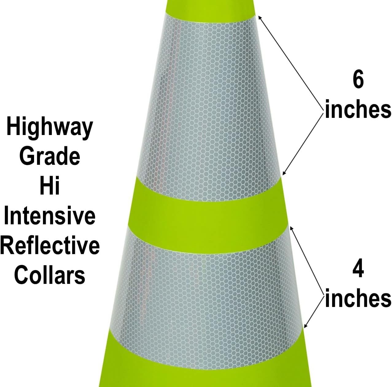 CJ Safety 28" Lime Green PVC Traffic Safety Cones with Black Base and 6" & 4" Reflective Collars for Driving Parking Caution, Drivers Training construction at Road (6 Cones)