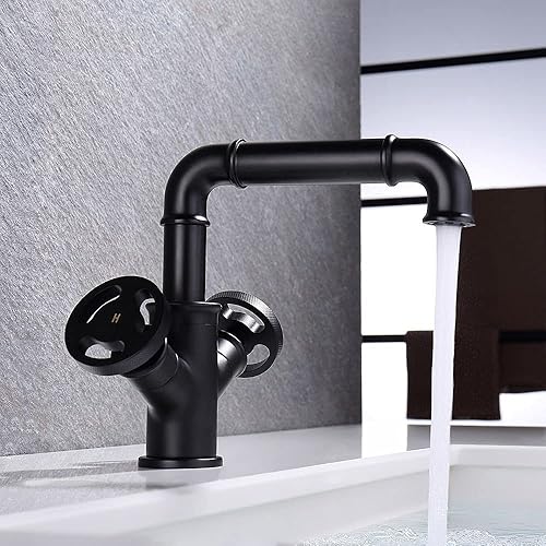 Miniatura 2 de KunMai Tubo industrial solo agujero dos manijas grifo lavabo doble manijas latón macizo en negro mate