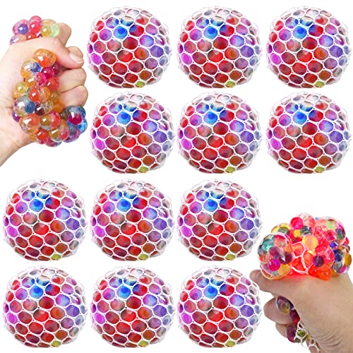 K.E.J. Squish Stress Ball 12 Pack LED Mesh Anti-Stress Ball Toys Squeeze Ball Fun for Boys Girls and Adults Relieve Tension, Stress - Home, Travel and Office Use