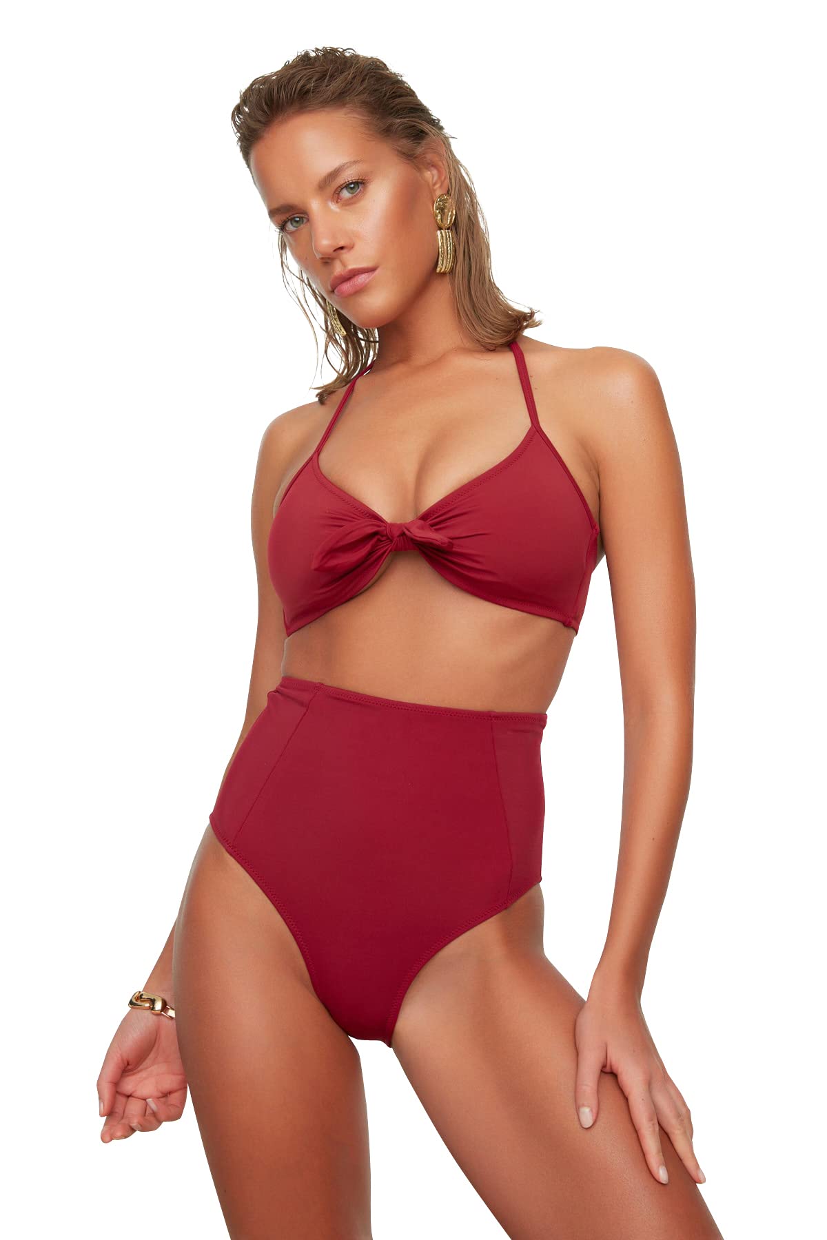 Trendyol FeMan High Waist Normal Trotter High Waist Bikini Bottom Burgundy