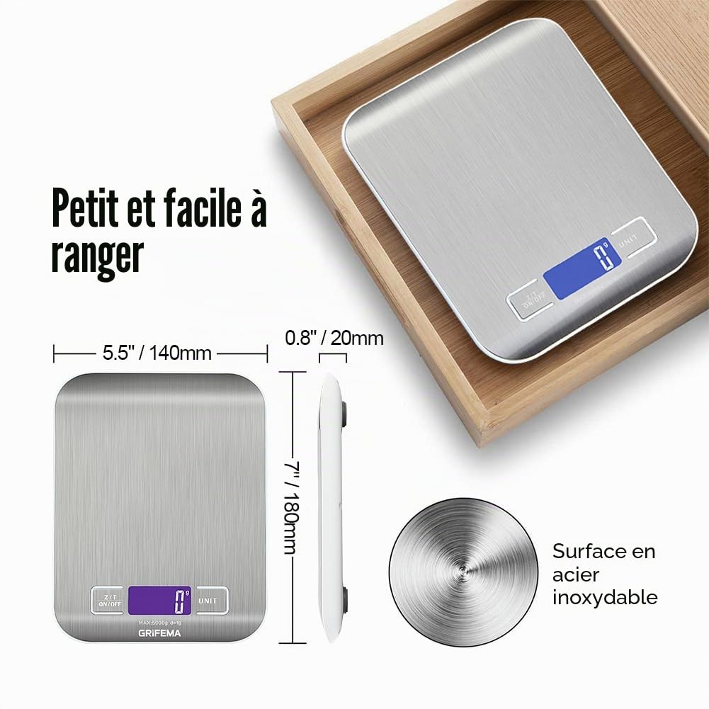 GRIFEMA GA2002 Balance de Cuisine Électronique de Haute Précision 5000g/1g avec Écran LCD Rétroéclairé, 6 Unités et Fonction Tare Acier Inoxydable, Smart Digital, pour Alimentaire Multifonctionnel