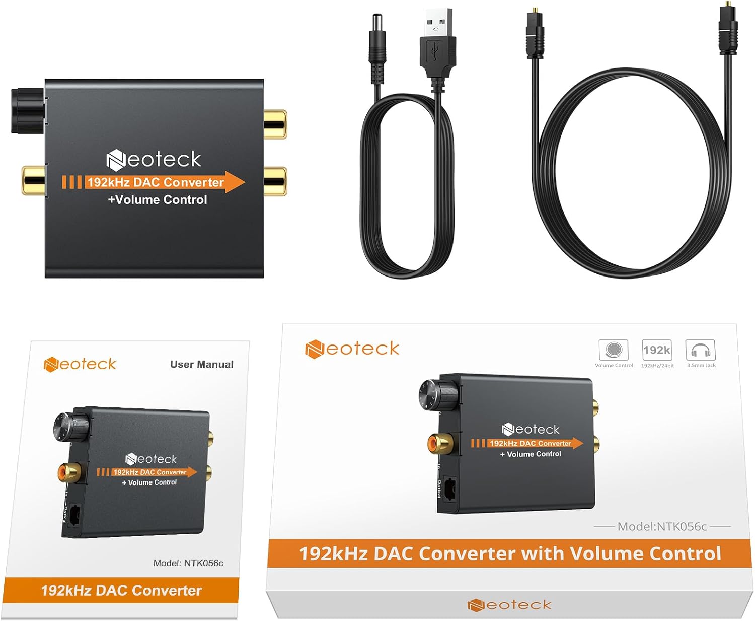 Image showing the Neoteck DAC, optical cable, USB power cable, and user manual included in the package.