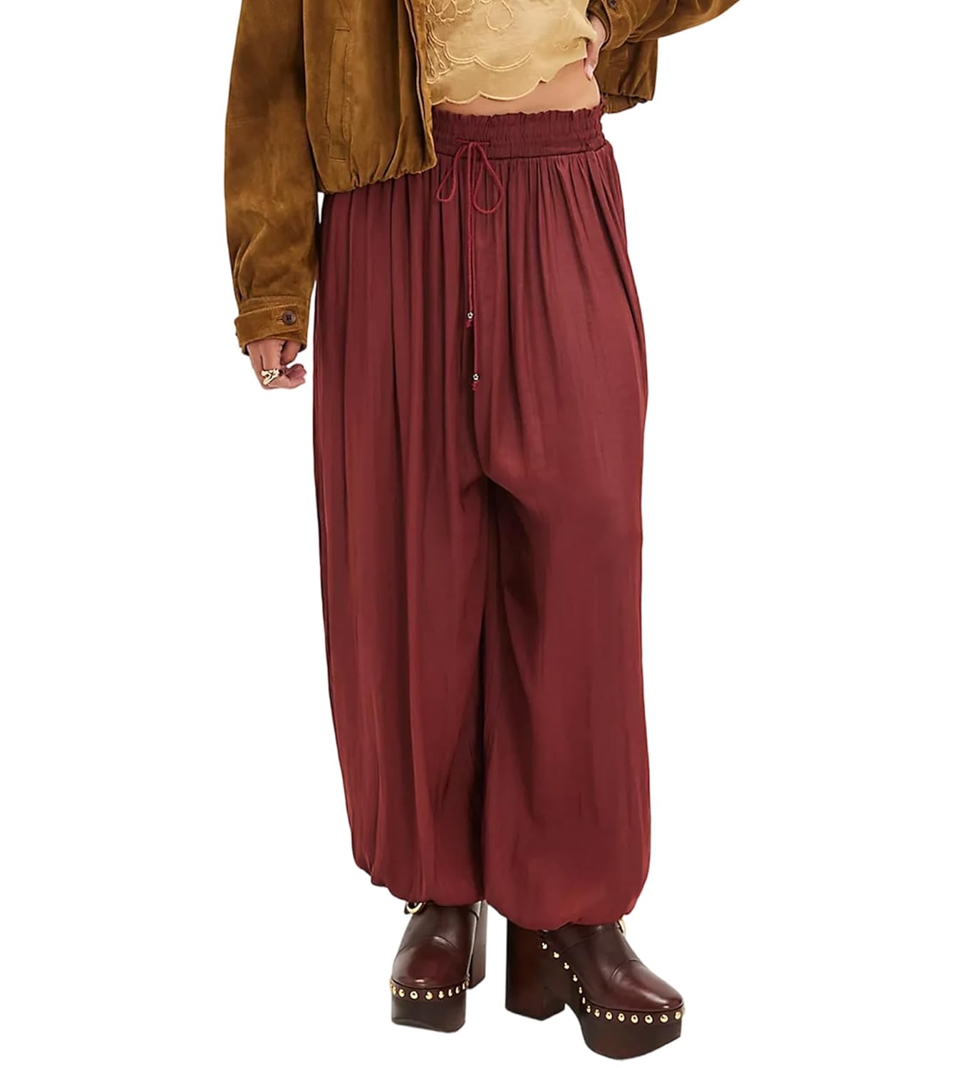 Colorful world Women Satin Balloon Pants Drawstring Waist Pleated Lightweight Comfort Lounge Pant with Pockets