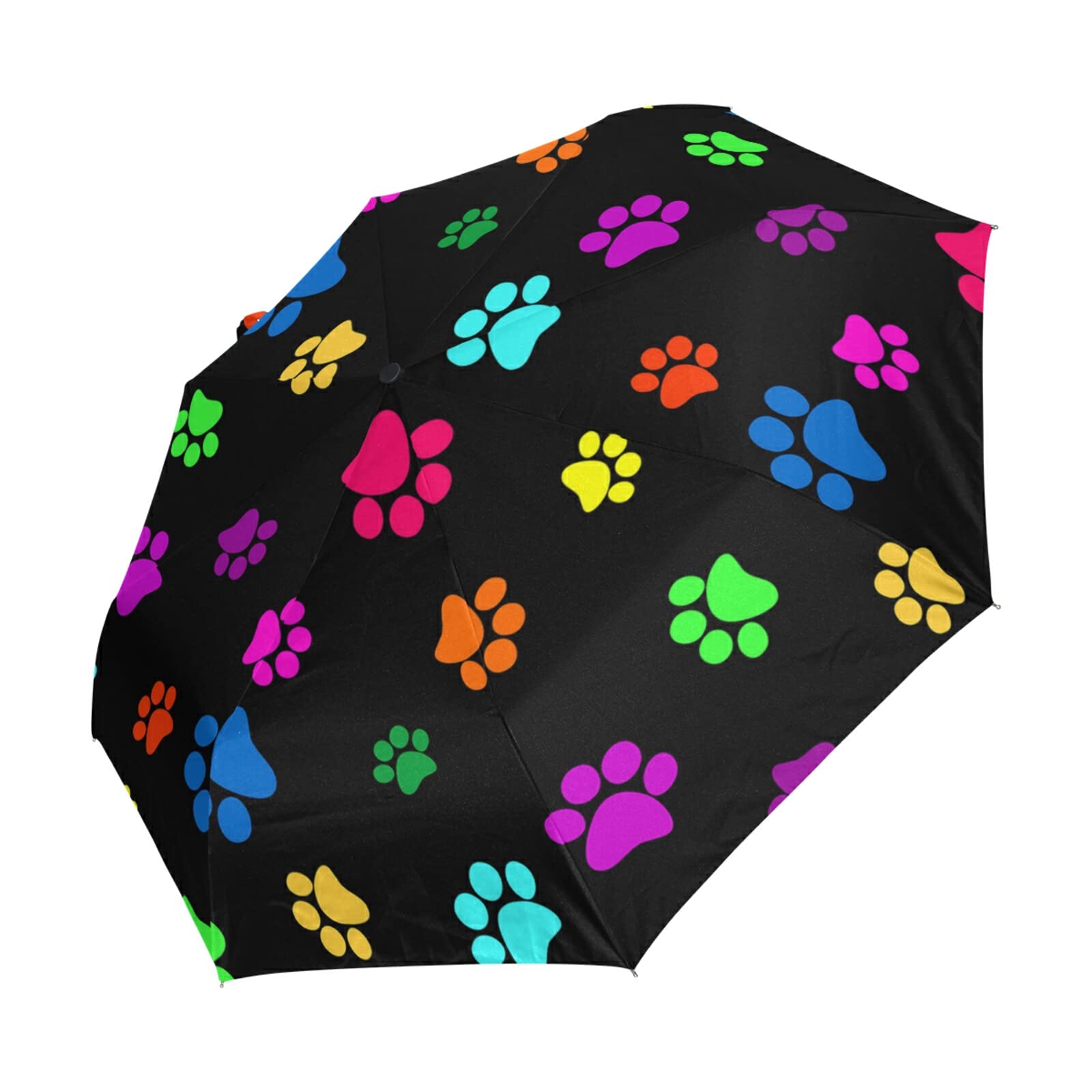 Oyihfvs Colorful Seamless Paw Prints Animal Footprints On Black Automatic Windproof Waterproof Umbrella, Folding Umbrella Reinforced Portable Compact Anti-UV Sun rain Auto Open/Close