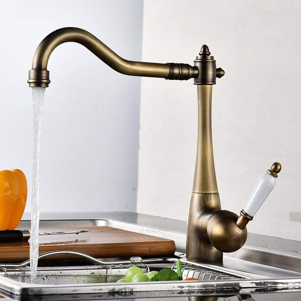 Nostalgie Küche Rustikale Armatur Küchenarmatur Armatur Mischbatterie Mischbatterie Spülbecken mit Wasserhahn Messinggriffen, 360° Verstellbar/Antik
