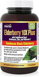 Herba Sambucus Black Elderberry Capsules – 2,000mg Equivalent | 10:1 Extract with Echinacea and Goldenseal Root, Vitamin C, and Zinc | Elderberry Supplement to Help Relieve Symptoms of Cold, Flu, and Sore Throat | Extra Strength 60 Vegetable Capsules