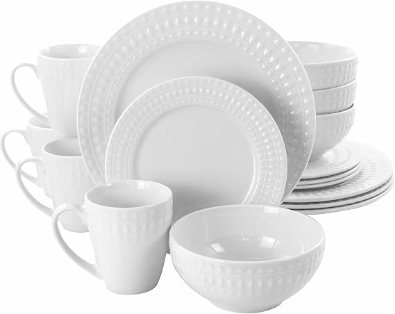 Elama Cara 16 Piece Round Porcelain Dinnerware Set in White