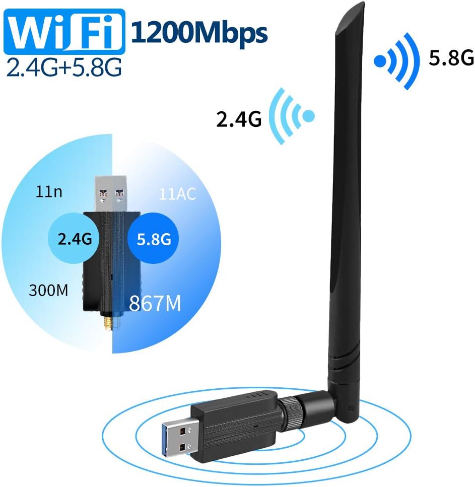 FREESOO USB Wifi Adapter 1200Mbps USB 3.0 Wireless Network Dual Band 5.8G/2.4G adapter with 5dBi Antenna for Mac PC Desktop Laptop, Compatible with Windows XP/Vista/7/8/10 Linx2.6X Mac OS X