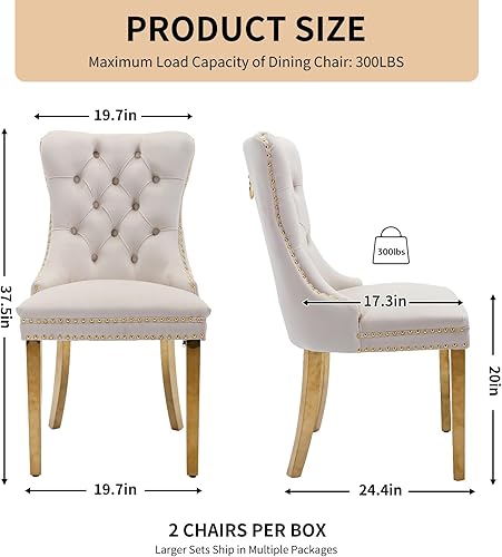 Miniatura 3 de Juego de 6 sillas de comedor de terciopelo, sillas tapizadas con respaldo alto capitoné con ribete de cabeza de clavo y anillo de tracción, patas de