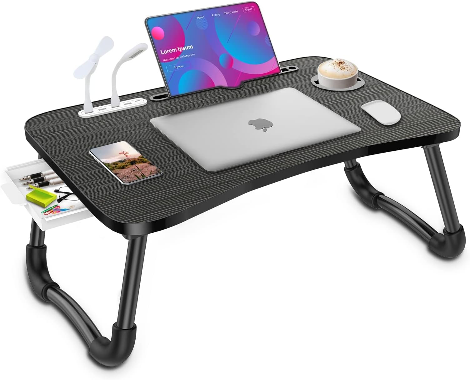Zapuno Laptop Lap Desk, Foldable Laptop Table Tray with 4 USB Ports Storage Drawer and Cup Holder, Lap Bed Desk Notebook Stand Laptray Portable Standing Table for Bed Couch Floor