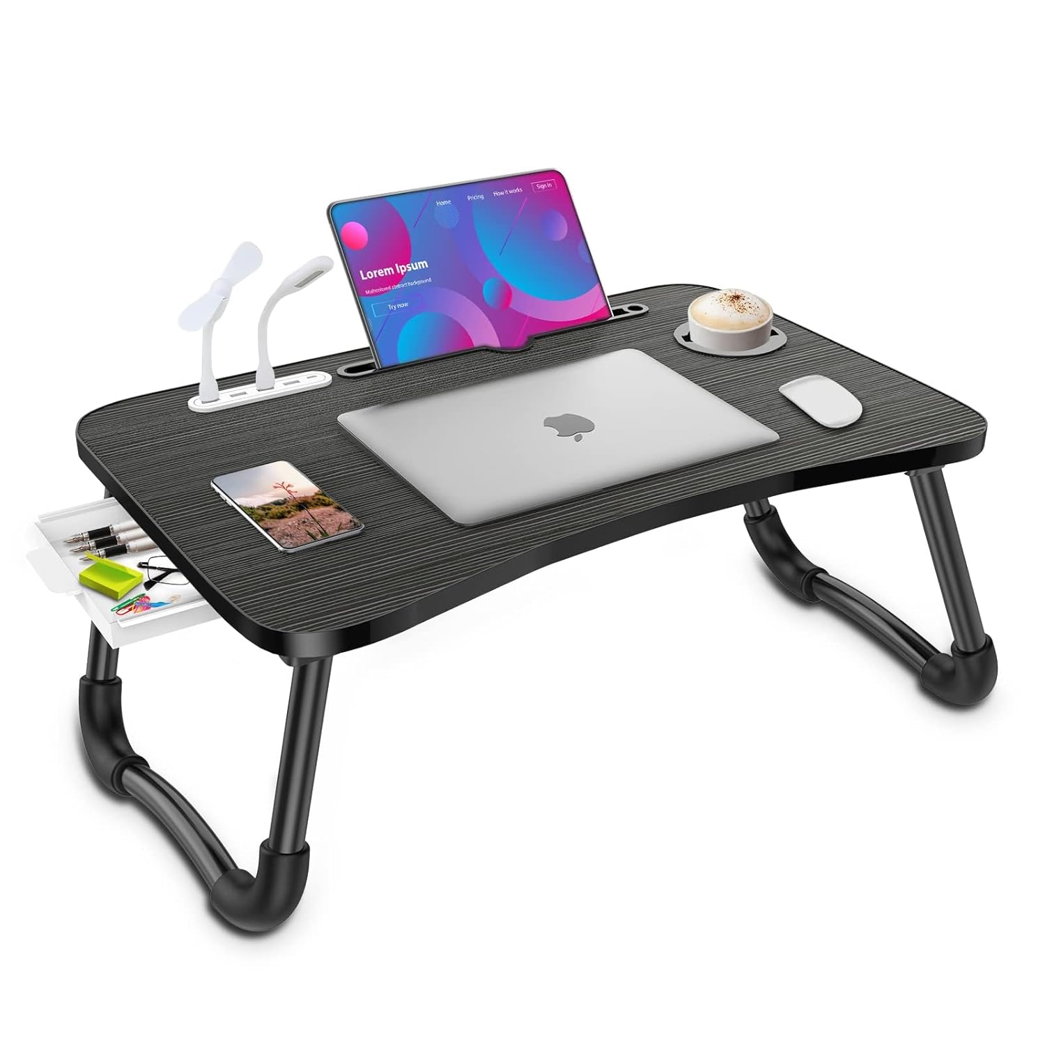 Zapuno Laptop Lap Desk Foldable Laptop Table Tray with 4 USB Ports Storage Drawer and Cup Holder Lap