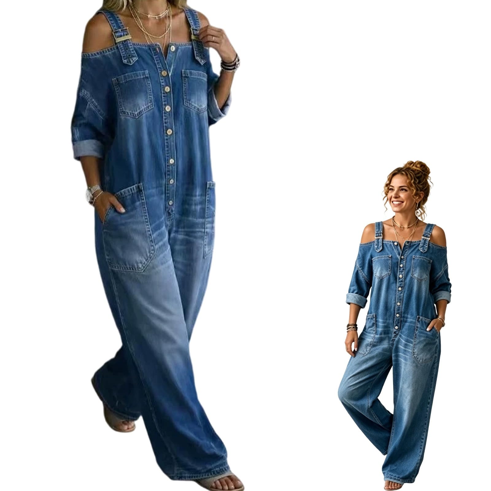 Jeans Overall Damen Jumpsuit, Weit Geschnittener Overall mit Weitem Bein und Taschen, Echter Komfort Trifft Retro-Stil, Schmeicheln Sie Ihren Natürlichen Kurven