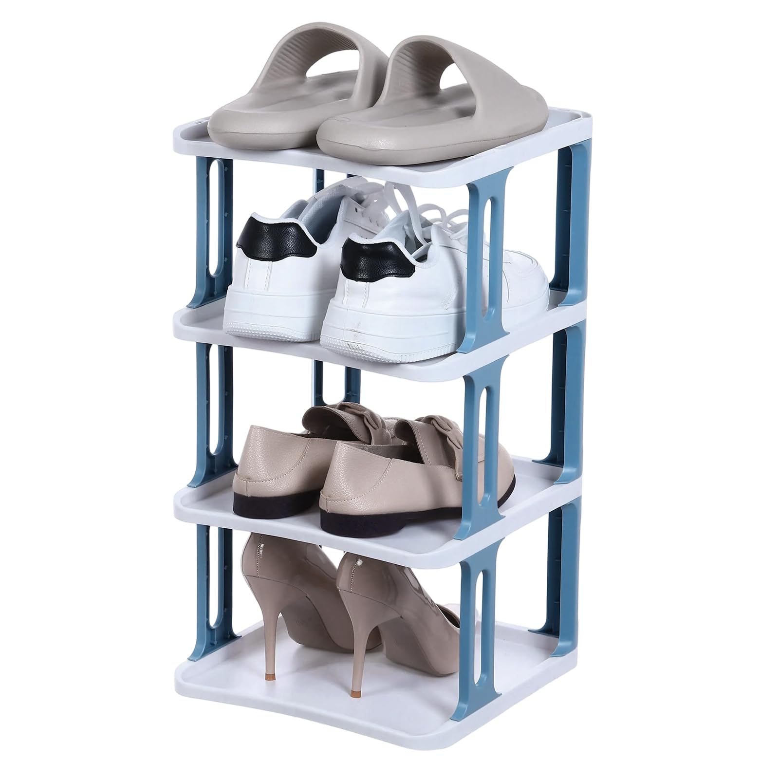 sourcing map 4-Tier Shoe Rack, Stackable Shoe Storage Organizer Adjustable Vertical Shoe Stand Rack Portable Folding Shoe Holder Shelf for Entryway, Living Room, Garage (Blue)