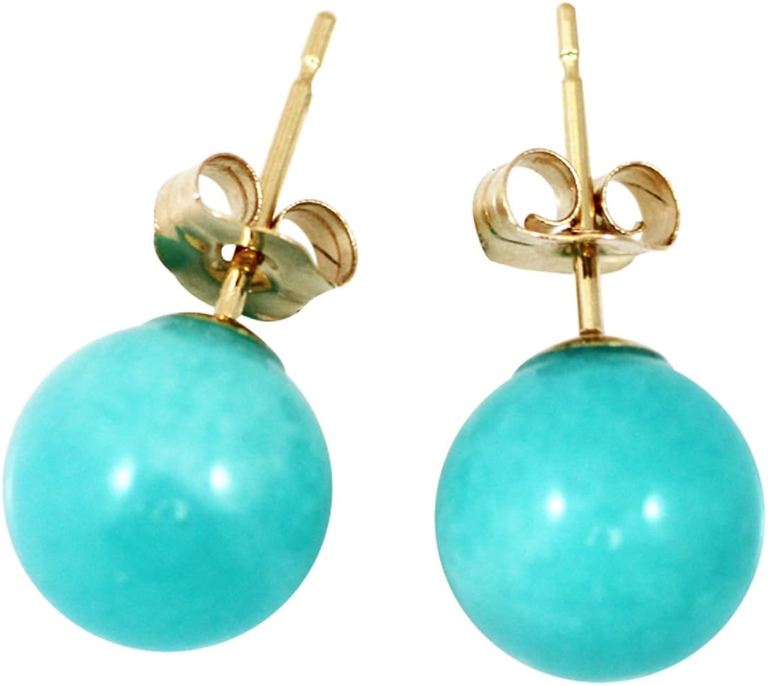 Peruvian Amazonite 8mm Ball Stud-Earrings; AAA Quality, 14Kt. Yellow Solid Gold