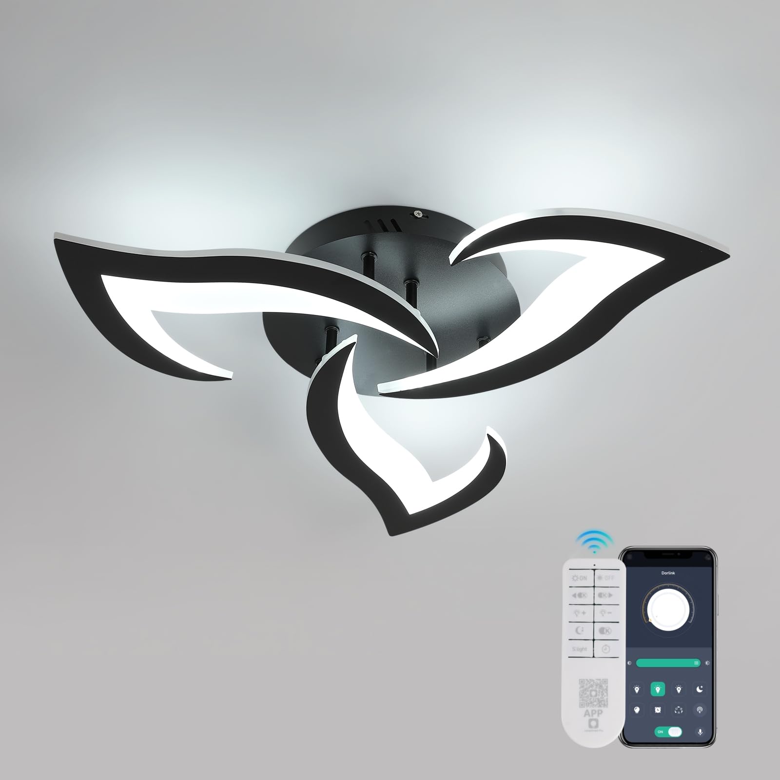 Dorlink Plafoniera LED Dimmerabile, 35W 3150LM Plafoniera LED Soffitto con Telecomando/APP, Lampadario LED Fiore Nero, 3000K-6500K Lampadario Soggiorno, Plafoniera per Cameretta, Cucina, Ø58CM