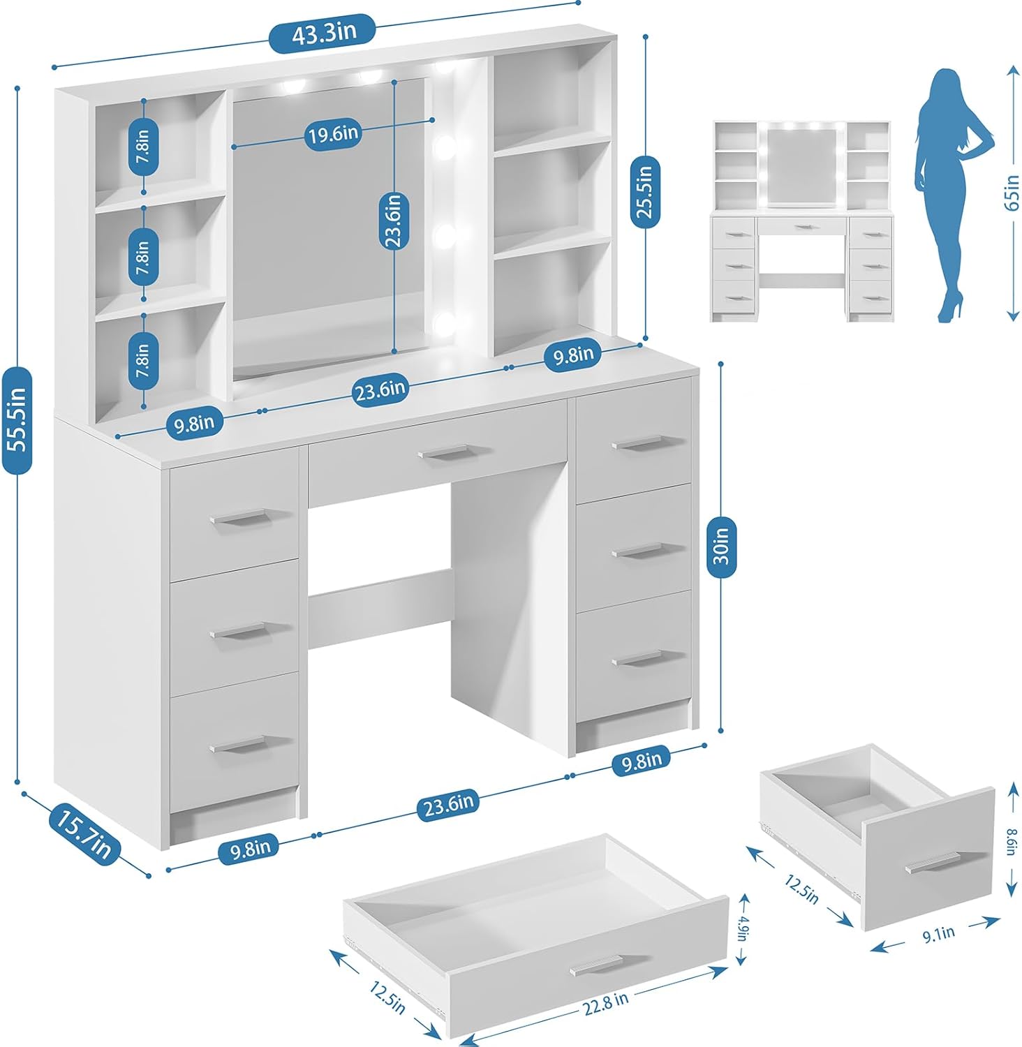 Large Vanity Desk with Mirror and 10 Lights, Makeup Vanity Table with Power Outlet, 7 Drawers and 6 Storage Shelves, Makeup Vanity Desk Dressing Table with 3 Lighting Modes for Bedroom (White)