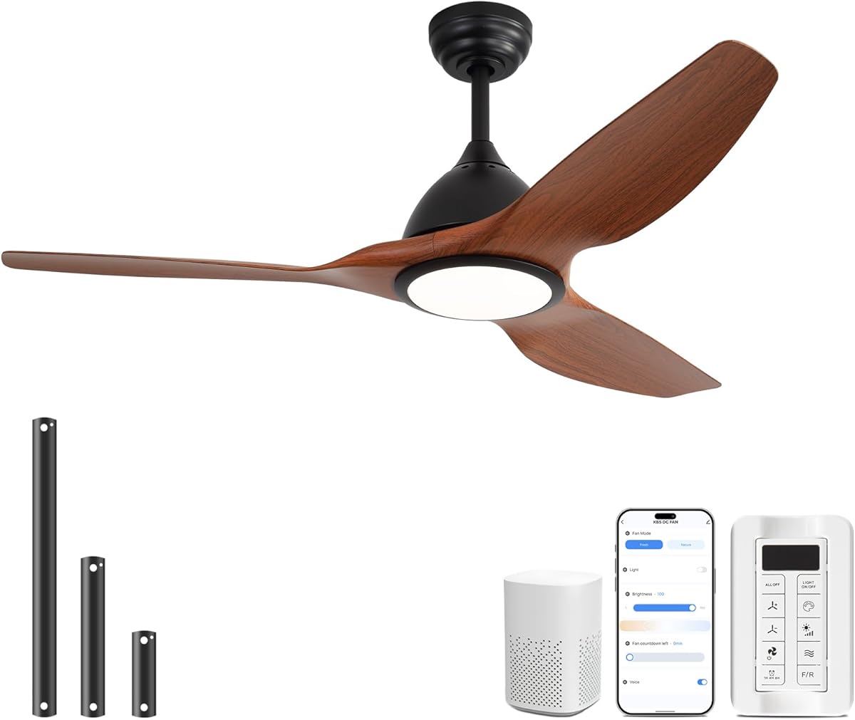 Sofucor 52 Inch Smart Ceiling Fan with Light, Modern Ceiling Fan with 3 Plastic Blade, Quiet, Dimmable, Compatible with Alexa/Google/App, 6 Speeds 7000CFM, Timer Quiet Reversible DC Motor, ETL, Brown