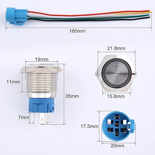 Miniatura 9 de DMWD 2 interruptores de botón con pestillo de 0.748 in, impermeables, 12 V-24 V, anillo LED 1NO 1NC con autobloqueo de metal redondo de 34 pulgadas,