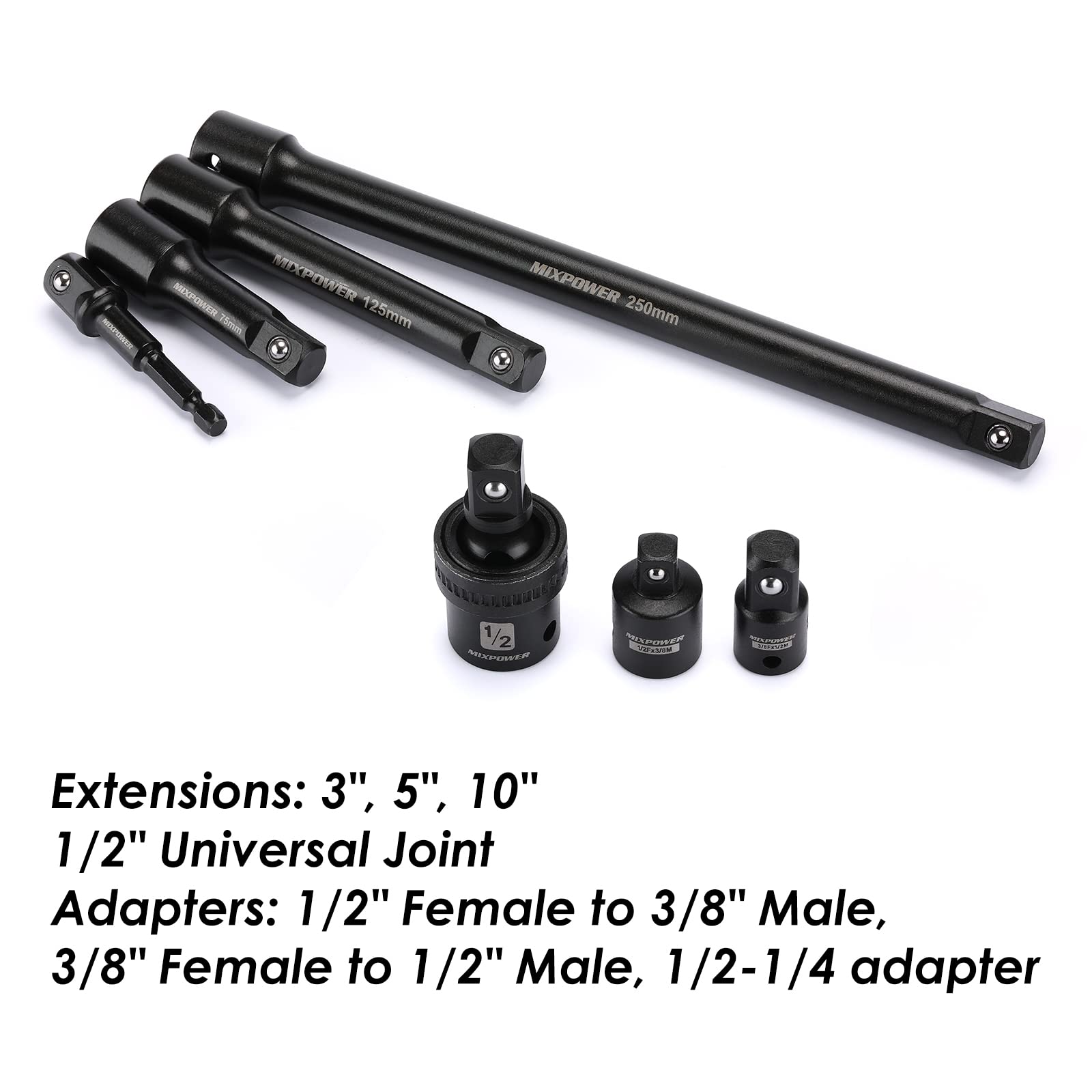 MIXPOWER Set di 49 bussole a percussione da 1/2", profondo/poco profondo, (8 mm-32 mm), CR-V, metrica, include barre di estensione, adattatori, giunto universale a impatto