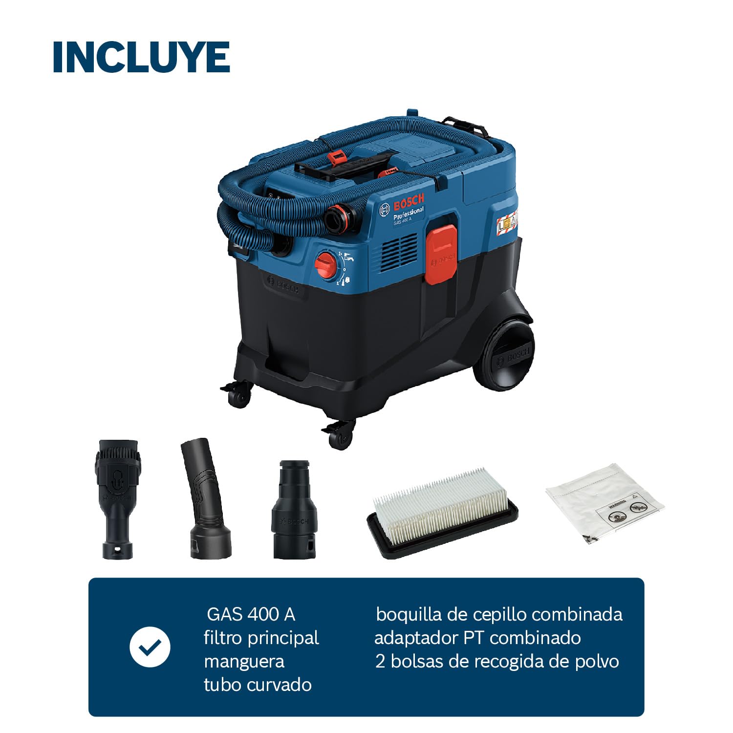 Bosch Professional aspirador universal GAS 400 A (1200 W, limpieza automática del filtro (AFC), con filtro principal, manguera, adaptador PT, tubo curvado, 2 bolsas de recogida de polvo)