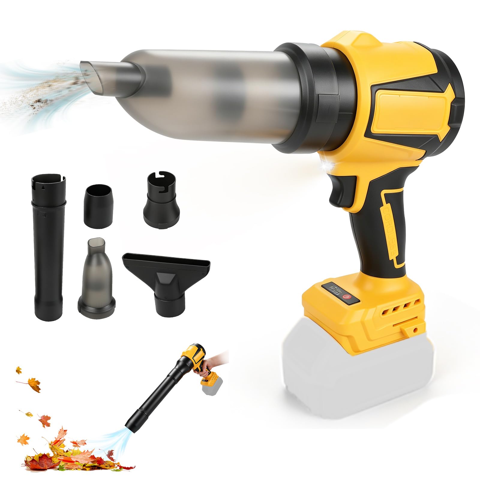 Soplador de hojas inalámbrico compatible con batería DEWALT de 18 V y 20 V, soplador de polvo 2 en 1 sin escobillas y aspiradora, 3 modos de velocidad continua para jardín, taller, limpieza de nieve