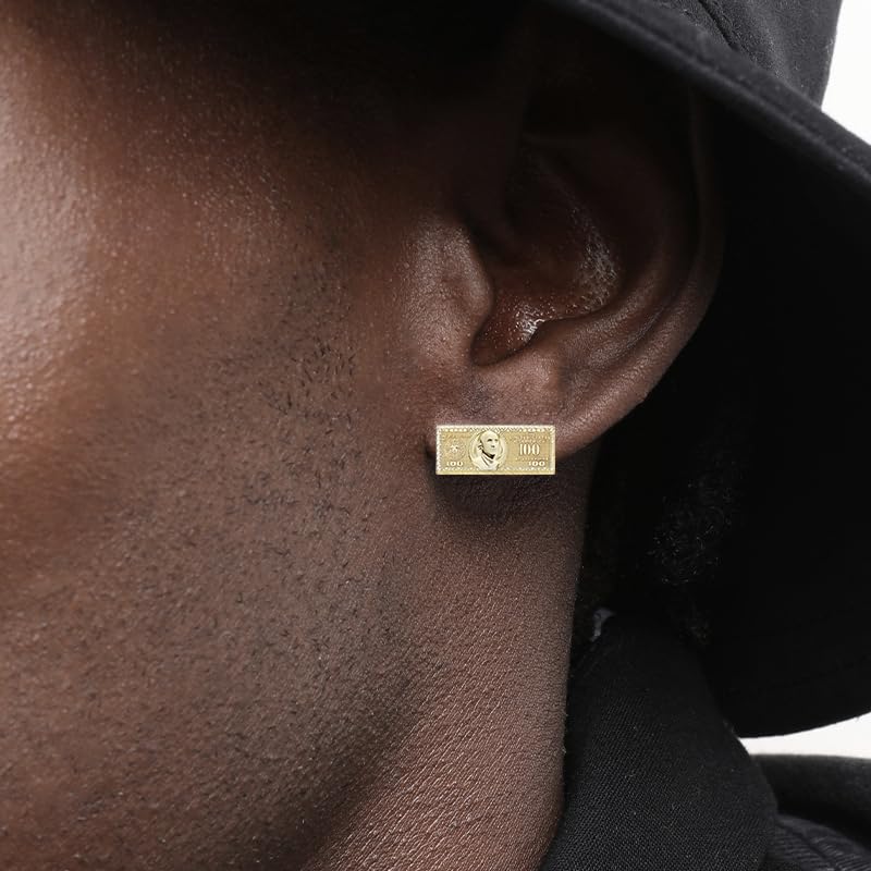 14k Gold Plated Rough Textured Cookie Nugget Stud Earrings Classic 100 Hundred Dollar Bill Money Stud Earrings For Men/Women Unisex4