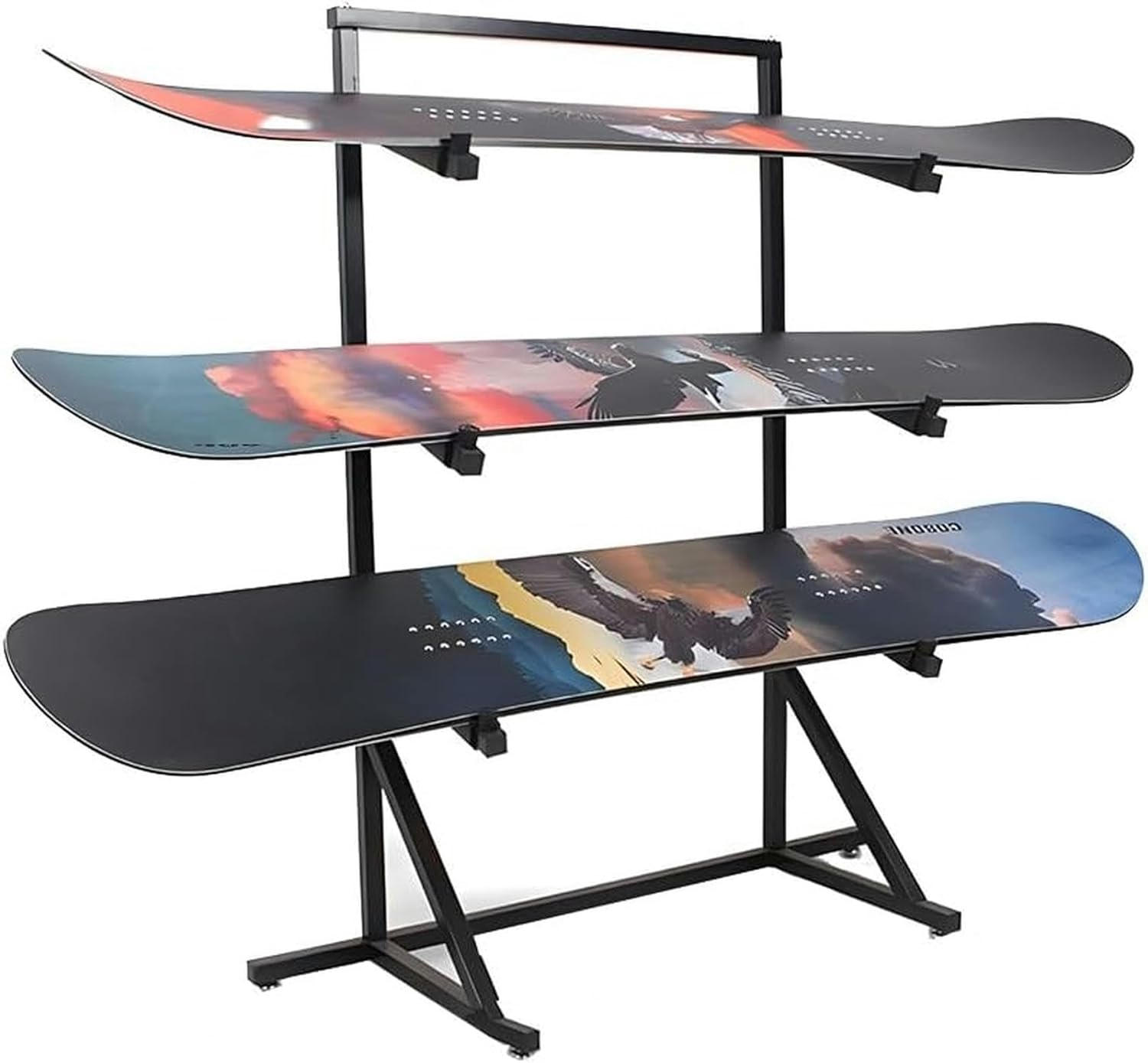 3-Tiers Metal Snowboard Storage Rack, Standing for Skis/Skateboards/Scooter, Home Gym Organize Holder, Floor Display Stand for Garage/Shop